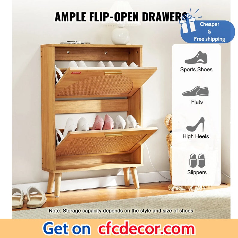 Shoe Cabinet with 2 Flip Drawers Rattan image 4