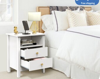 Set of 2 Nightstand Bedside Table 2 Drawers with Charging Station and USB Ports