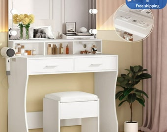 Makeup Vanity Table Set with Lighted Mirror & Power Strip Vanity Desk Set with Hair Dryer Holder, 3 Lighting Colors