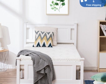 White Twin Size Solid Wood Platform Bed Frame, Single Bed with Headboard, Bed for kids