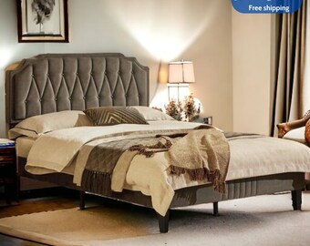 Upholstered Platform Bed Frame with Headboard Mattress Foundation Wooden Slats