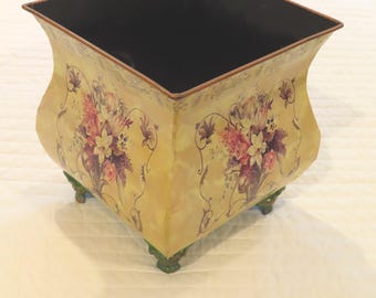 Vintage Square Footed Toleware Painted Metal Planter or Yarn-Utensil-Umbrella-Mail-Litter Holder