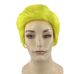 May include: A yellow wig with a side part and a short, straight style.