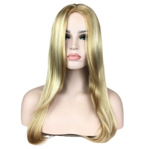 May include: A long, straight blonde wig with subtle highlights. The wig is styled with a center part and falls to the shoulders.