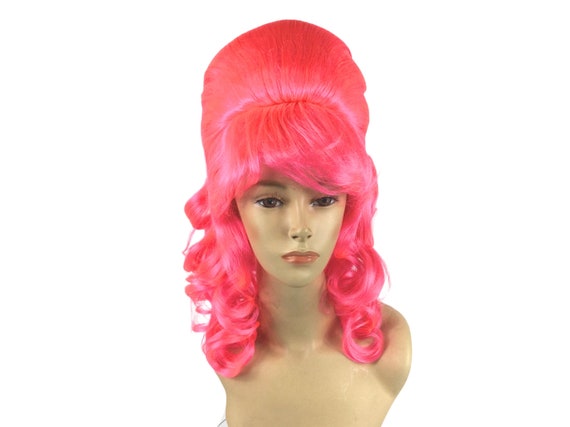 1960's CURLY LONG BEEHIVE Theatrical Halloween Costume Cosplay Wig - Hot Pink