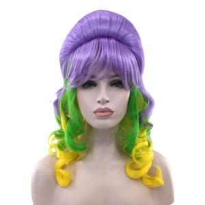 1960&#39;s CURLY LONG BEEHIVE Theatrical Mardi Gras Premium Wig - purple/green/yellow
