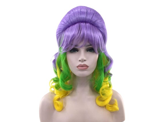 1960's CURLY LONG BEEHIVE Theatrical Mardi Gras Premium Wig - purple/green/yellow