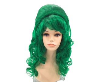 1960's CURLY LONG BEEHIVE Theatrical Halloween Costume Cosplay Wig - Emerald Green