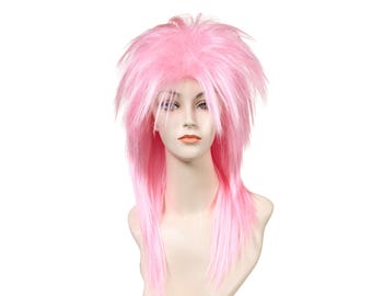 Hot Pink Long Spiky 80s Punk Mullet Rockstar Costume Wig Punk Rock 80s Spiky Costume Wig Magenta Pink Long Mullet  main image 4