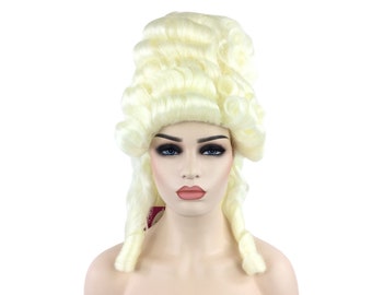 May include: A pale yellow wig with a high, voluminous style, featuring large curls and a powdered appearance. The wig is designed for historical or theatrical use, with long, curled sections framing the face.