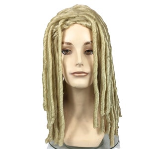 May include: A long, blonde wig with dreadlocks. The wig is styled on a mannequin head.