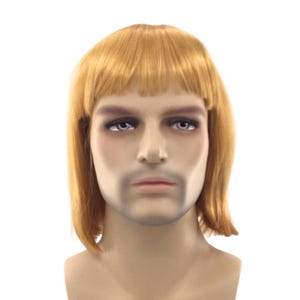 May include: A straight, shoulder-length golden blonde wig with blunt-cut bangs, displayed on a mannequin head. The wig features a smooth, uniform texture and a center part, covering the top and sides of the head with vibrant, light yellow hair.