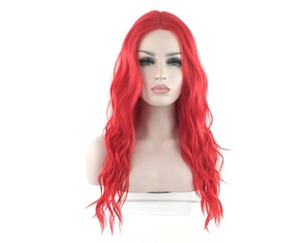Premium LACE-FRONT High-Heat Fiber Synthetic Long Wavy Wig - Cherry Red