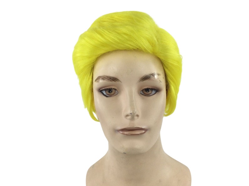 May include: A yellow wig with a side part and a short, straight style.