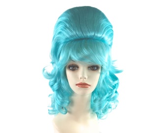 1960's CURLY BEEHIVE Premium Theatrical Anime Cosplay Costume Wig - Baby Blue