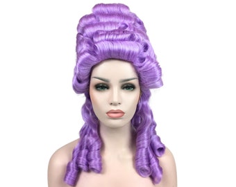 May include: A lavender wig styled in the Rococo fashion, featuring a high, structured crown and cascading curls. The wig is displayed on a mannequin head, showcasing its intricate design and color. This historical costume piece is ideal for themed events.