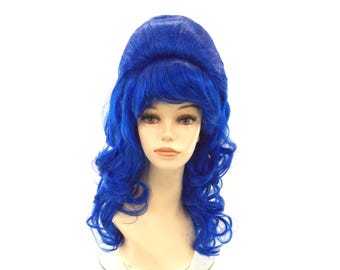 1960's CURLY LONG BEEHIVE Theatrical Halloween Costume Cosplay Wig - Royal Blue