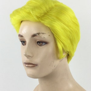 May include: A short, bright yellow wig with a side part and a textured finish.