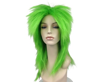 May include: A bright green wig with long, straight hair and a choppy, layered style. The wig is styled with a side part and has a lot of volume.