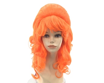 1960's CURLY LONG BEEHIVE Theatrical Halloween Costume Cosplay Wig - Orange
