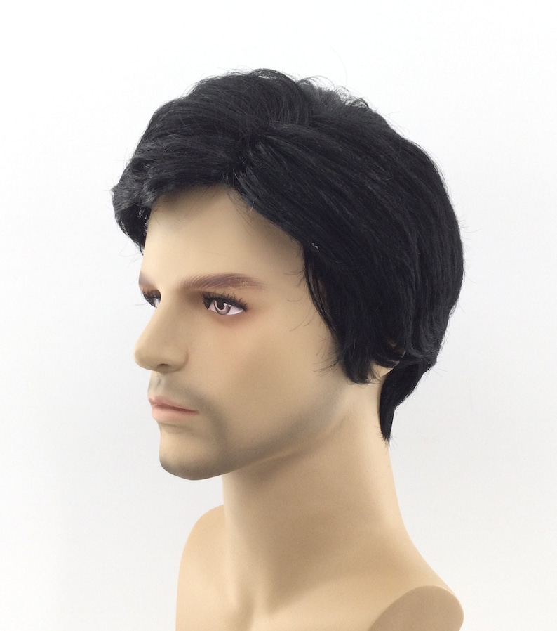 May include: A black wig with short, layered hair. The wig is styled with a side part and has a natural-looking finish.