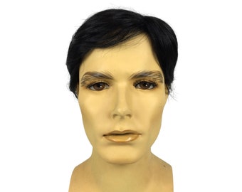 May include: A black wig with a side parting on a mannequin head. The wig is styled with a short, straight cut.