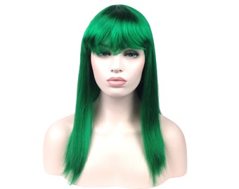 May include: A long, straight, bright green wig with bangs. The wig is styled with a center part and the bangs are cut to just above the eyebrows.