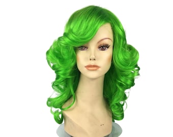 May include: A bright green wig with voluminous, curly hair styled with a side part. The wig is displayed on a mannequin head with a neutral skin tone, set against a white background. The wig's vibrant color is eye-catching.