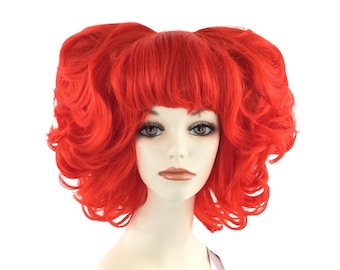 May include: A vibrant red wig styled with two high pigtails and a short, fringed bang. The wig is displayed on a mannequin head against a white background. The hair has a curly texture and a bright, saturated color, suitable for cosplay or costume use.