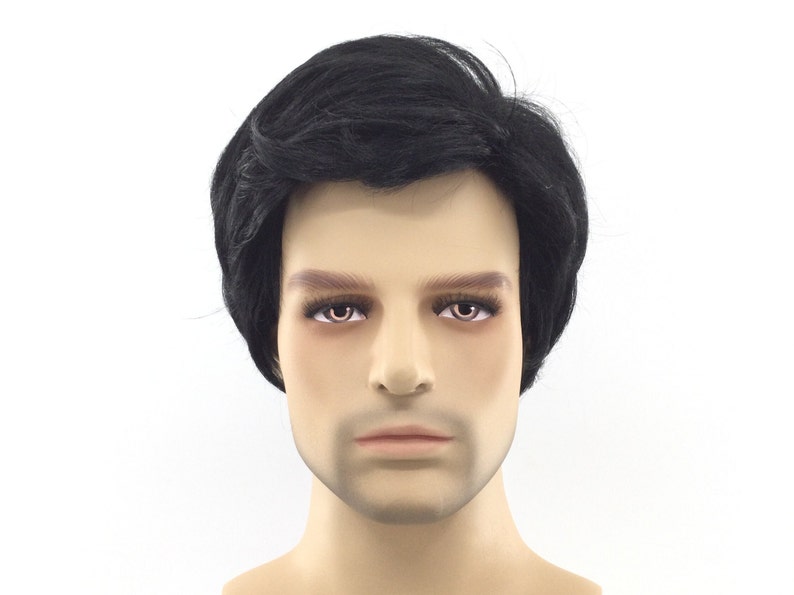 May include: A black wig with a short, layered style. The wig is styled with a side part and has a natural-looking finish.