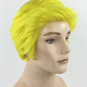 May include: A short, bright yellow wig with a side part and a textured finish.