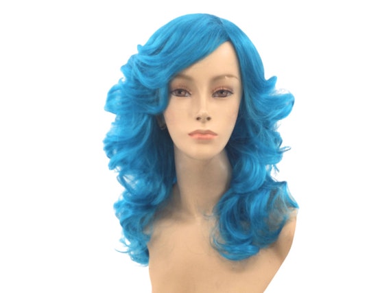 COSPLAY ANIME 1970'S Wavy Feather Style DELUXE Theatrical Halloween Costume Wig - Farah Blue