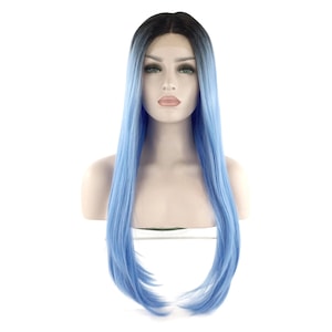 Premium Quality LACE FRONT High-Heat Fiber Wig Celebrity Style - Blk/Blue Ombre image 1