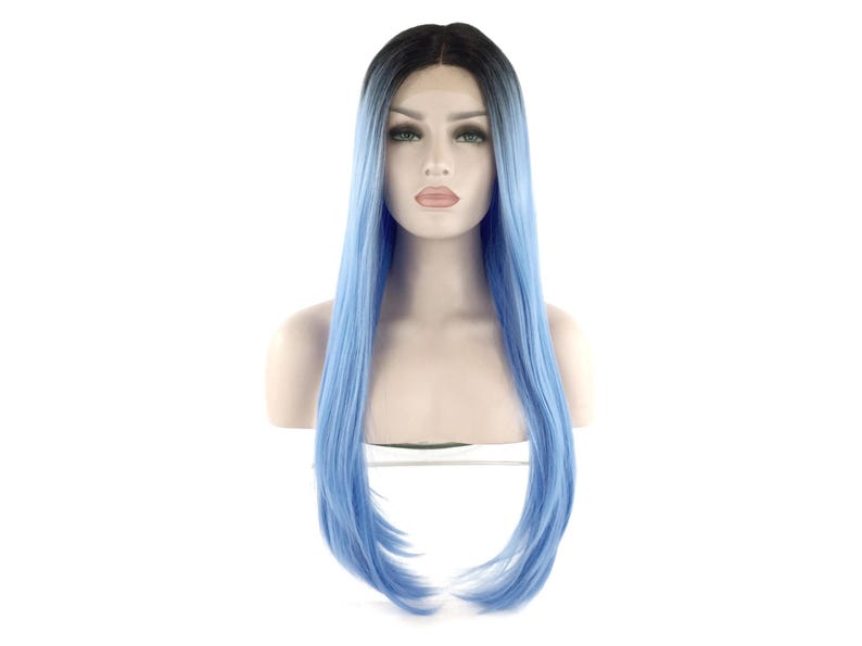 Premium Quality LACE FRONT High-Heat Fiber Wig Celebrity Style - Blk/Blue Ombre image 1