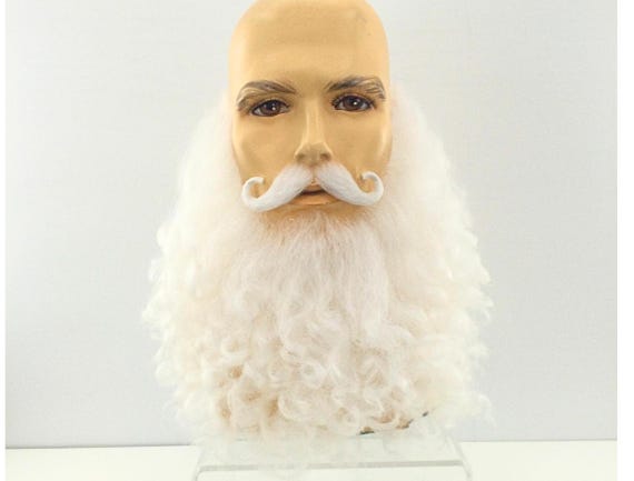 Premium Theatrical Quality SANTA CLAUS Mustache & Curly Beard Set - Lace-Back Natural White GMSB1/EM-134 #1003