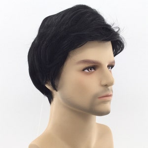May include: A black wig with short, layered hair. The wig is styled with a side part and has a natural-looking finish.