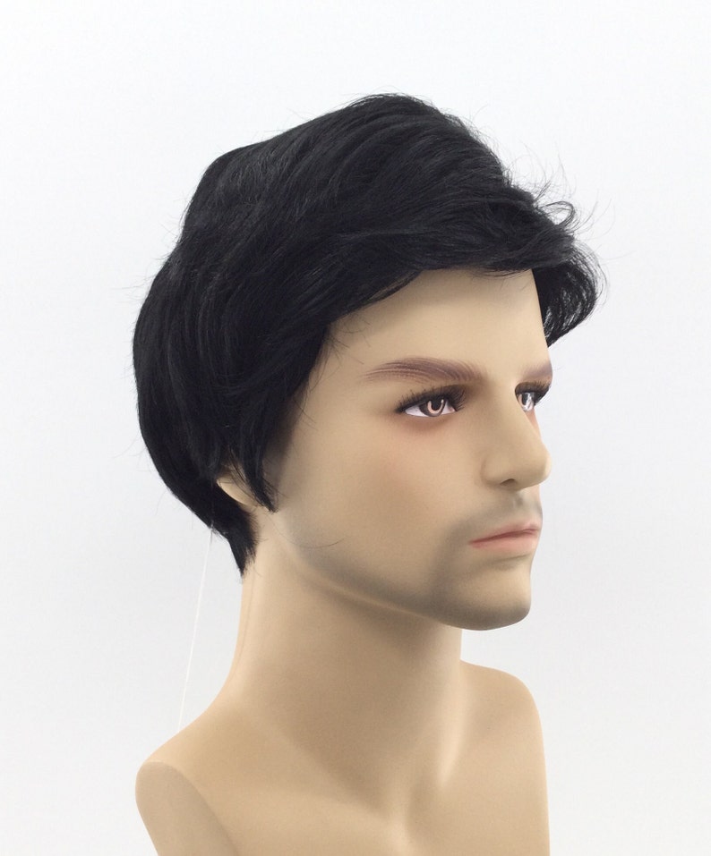 May include: A black wig with short, layered hair. The wig is styled with a side part and has a natural-looking finish.