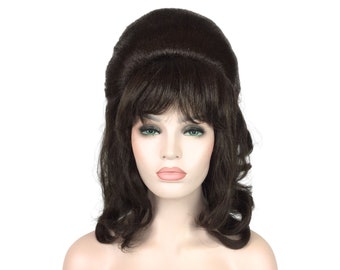 May include: A brown bouffant wig with a side part and curled ends. The wig is styled in a 1960s beehive style.
