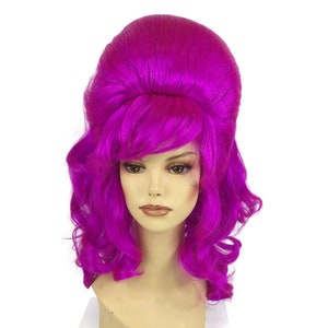 1960's CURLY LONG BEEHIVE Theatrical Halloween Costume Cosplay Wig - Magenta