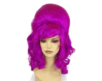 1960's CURLY LONG BEEHIVE Theatrical Halloween Costume Cosplay Wig - Magenta