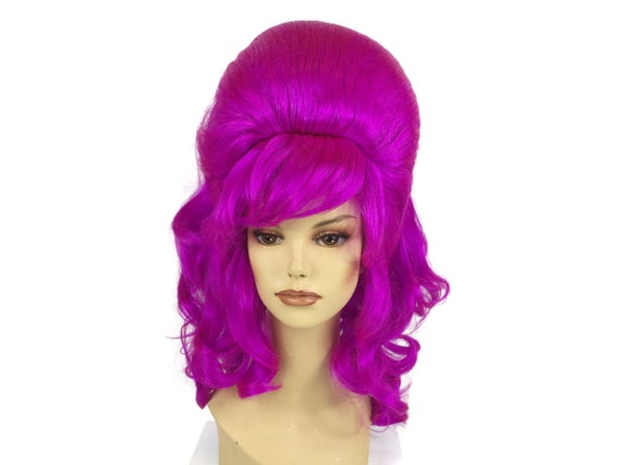 1960's CURLY LONG BEEHIVE Theatrical Halloween Costume Cosplay Wig - Magenta