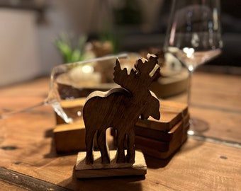 Glass coaster made of reclaimed wood with a wooden moose, perfect gift for invitations