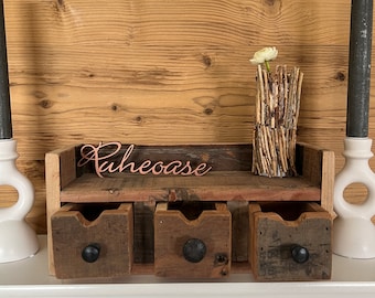 Wall shelf made of old wood, with 3 small drawers, unique in country house style, vintage, unique natural