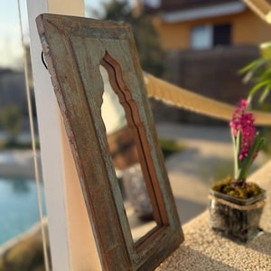 Oriental mirror window made of old found wood for the wall, unique, single piece,