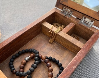 Magical little old wooden chest made of found wood with mirror, jewelry box, utensil, storage, unique, one-of-a-kind