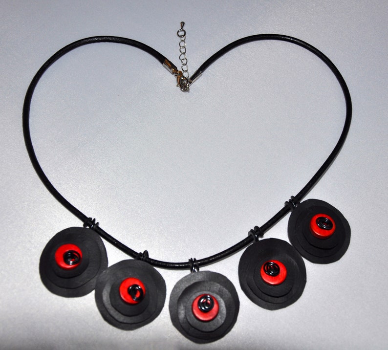 bicycle inner tube Necklace of rubber rounds with red beads K-11
