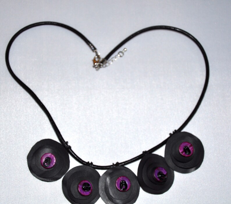 bicycle inner tube Necklace of rubber rounds with red beads K-11