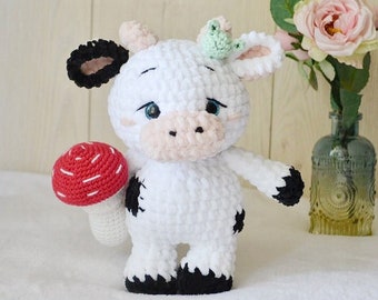 Mushroom Cow Plushie with frog stuffed plush cow Custom Christmas gift Nursery decor Super soft Kawaii Baby Shower chubby milky cow black