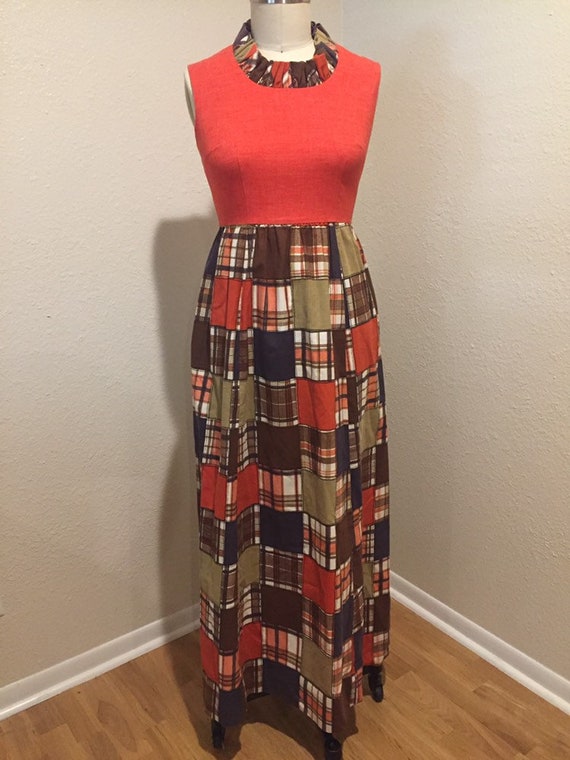 70s Poppy Orange and Patchwork Print Dress - image 2