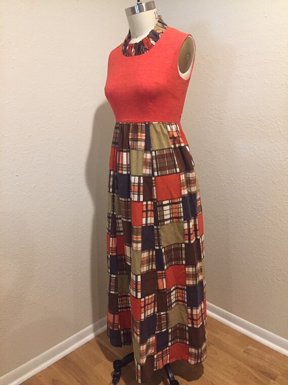 70s Poppy Orange and Patchwork Print Dress - Etsy